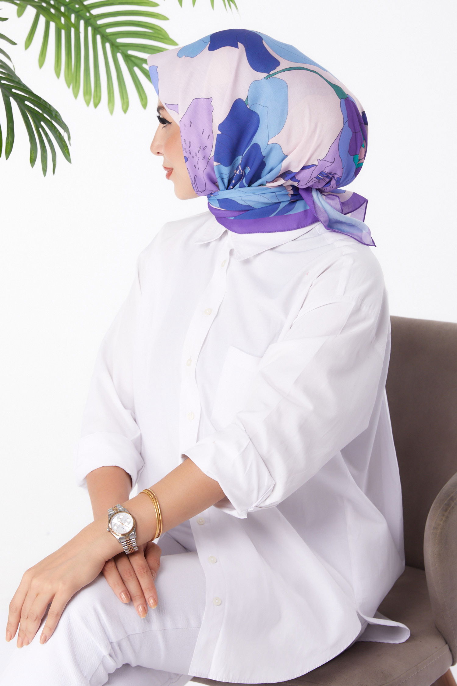 Düz Orta Kadın Mor Desenli Eşarp - 26158 - 3