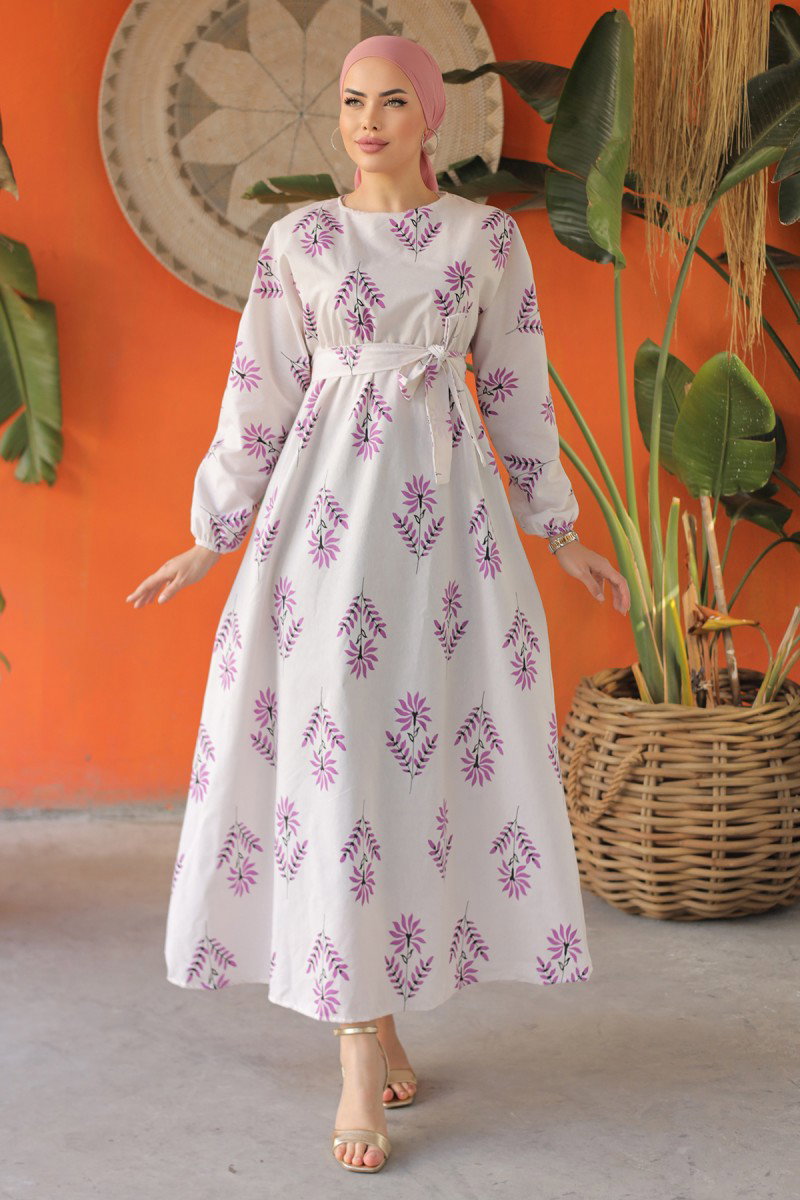Desenli Kolu Büzgülü Elbise Mor - 26622 - 3