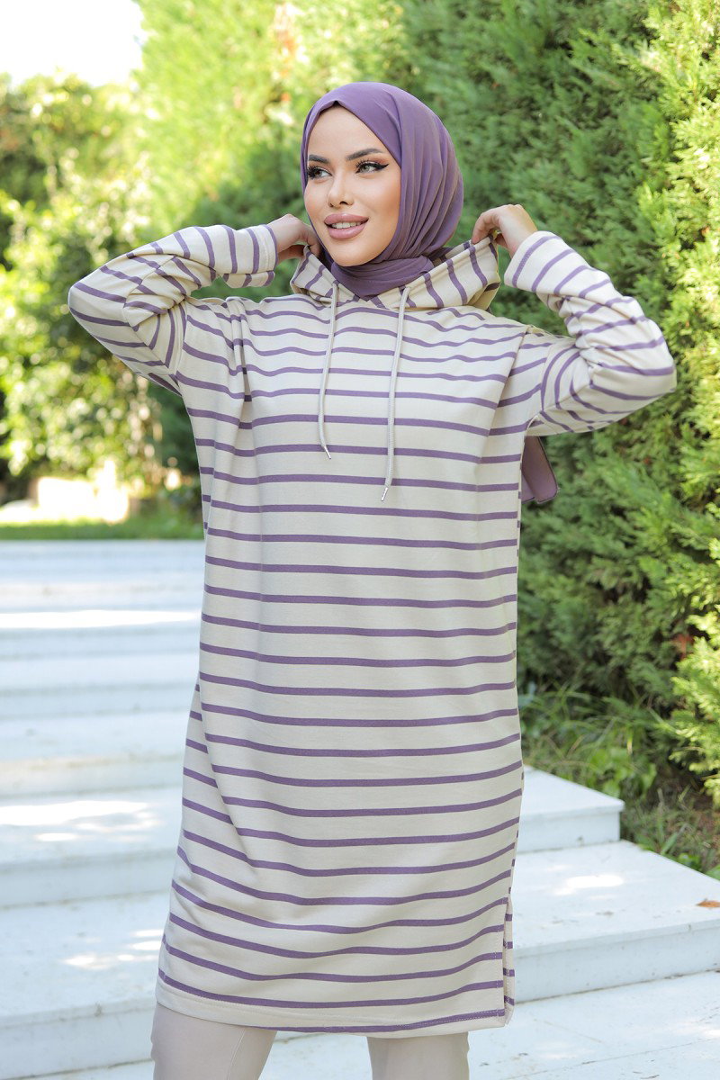 Düz Orta Kadın Mor Kapşonlu Çizgili Tunik - 26587 - 1