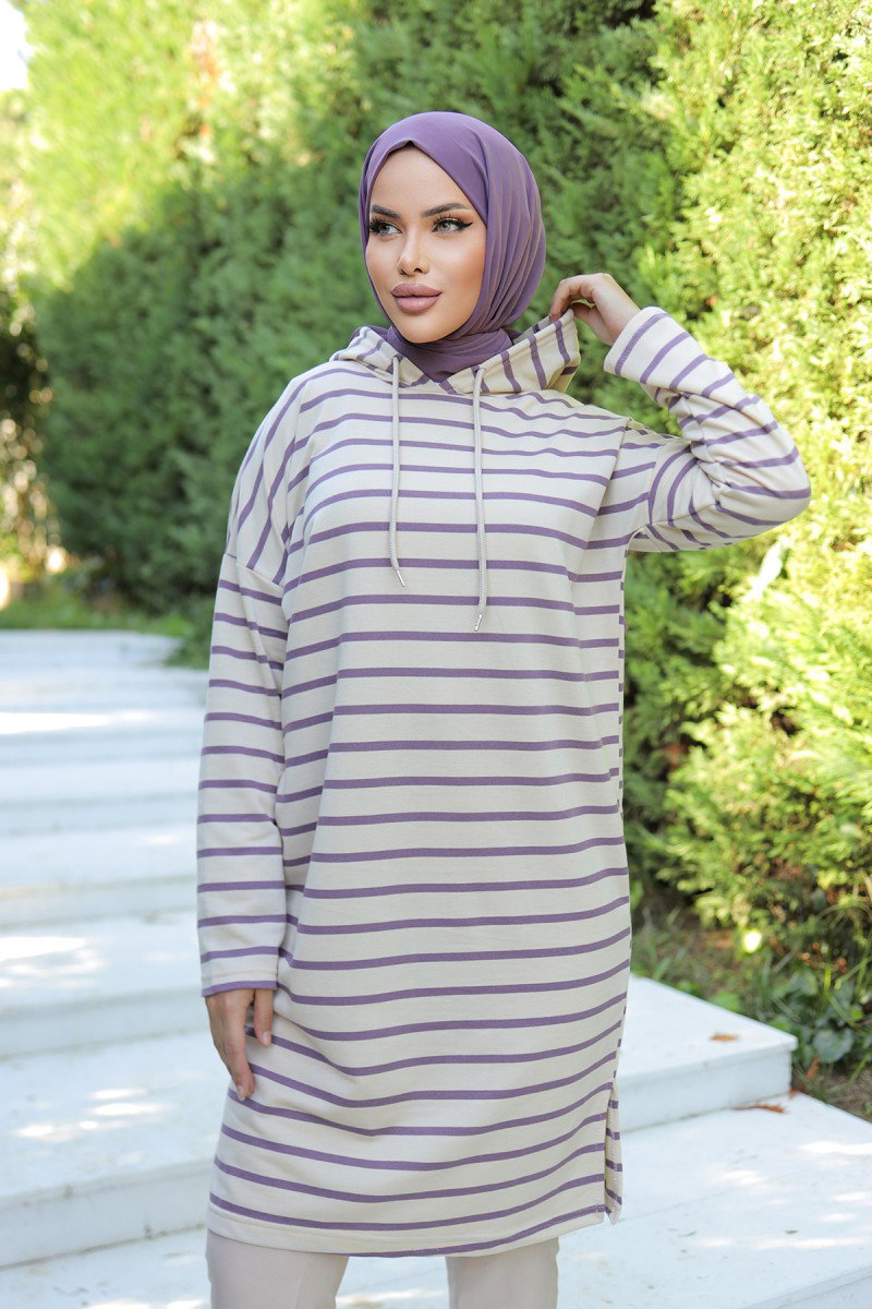 Düz Orta Kadın Mor Kapşonlu Çizgili Tunik - 26587 - 5