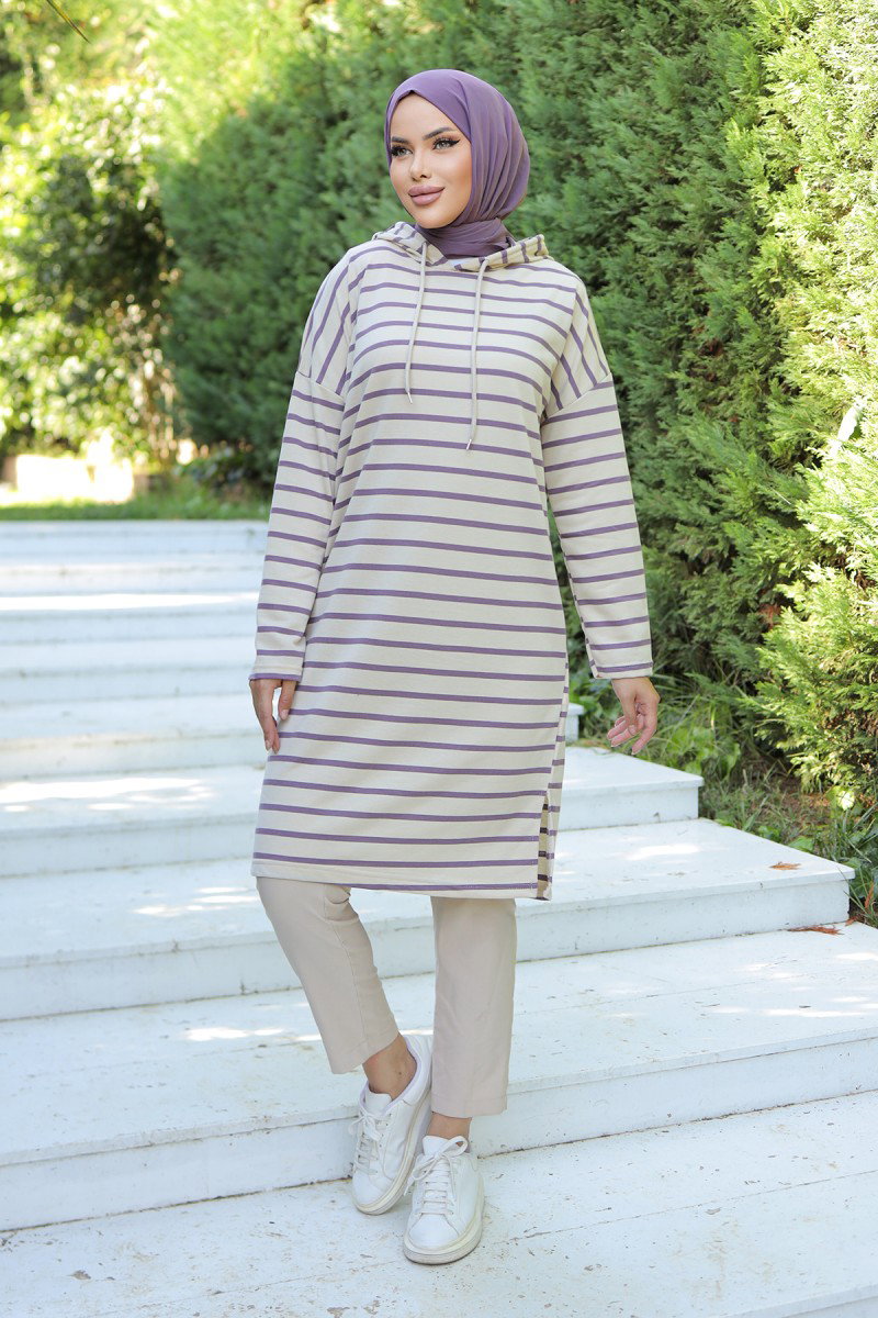 Düz Orta Kadın Mor Kapşonlu Çizgili Tunik - 26587 - 8