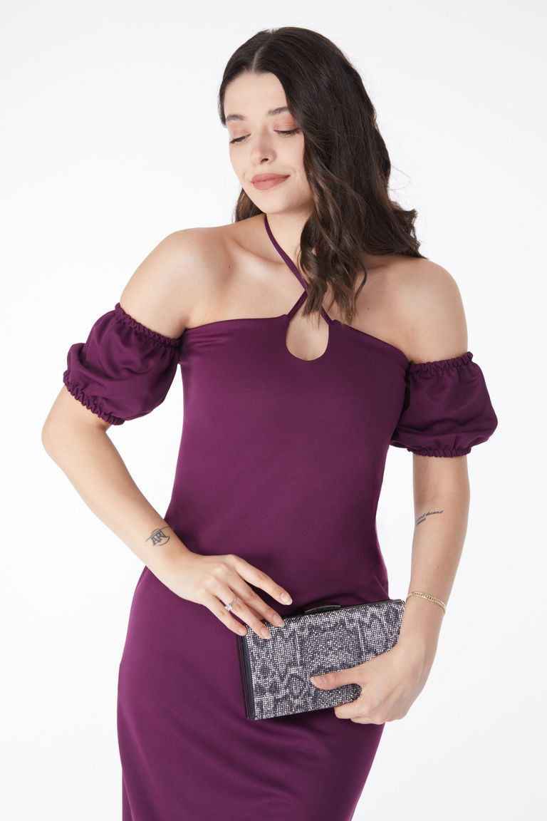 Düz Orta Kadın Mor Prenses Kol Abiye Elbise - 13189 - TOFİSA