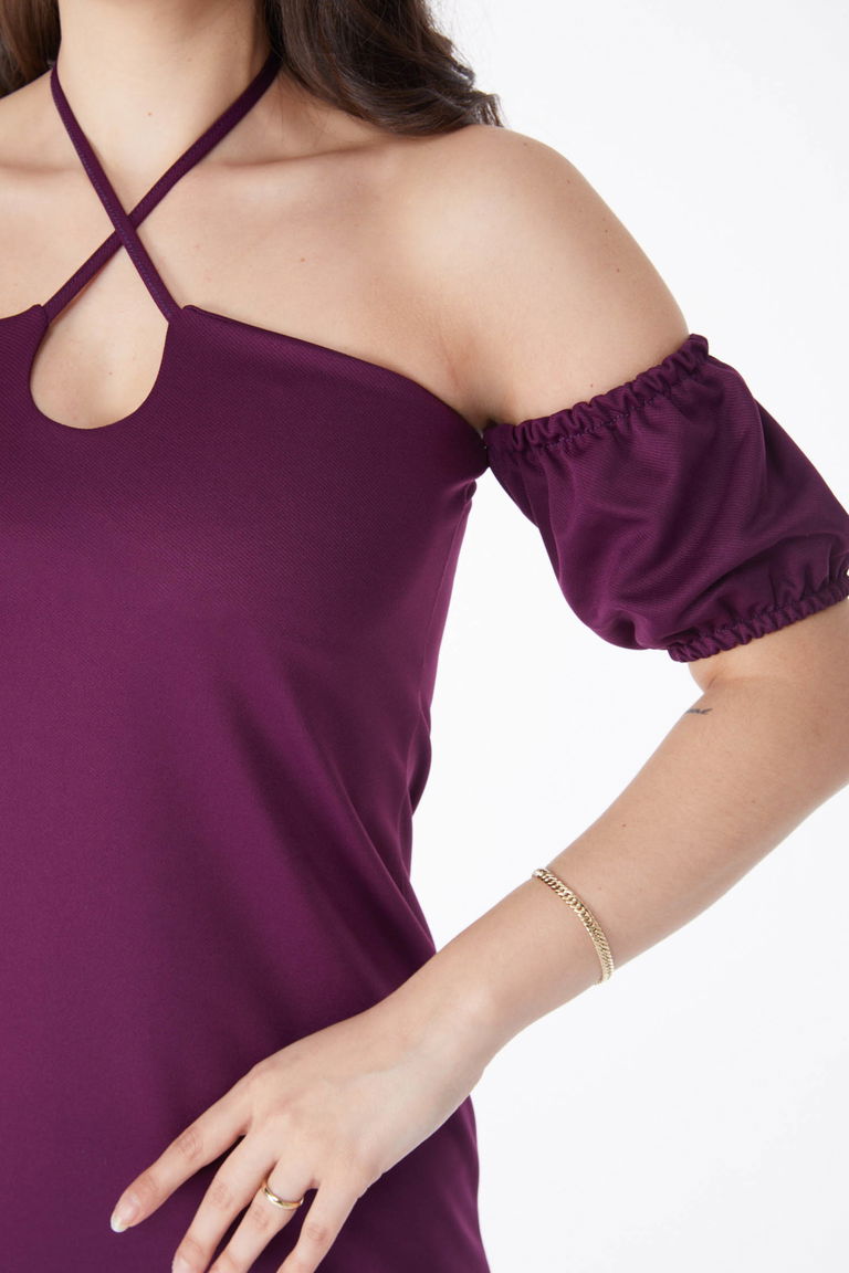 Düz Orta Kadın Mor Prenses Kol Abiye Elbise - 13189 - TOFİSA