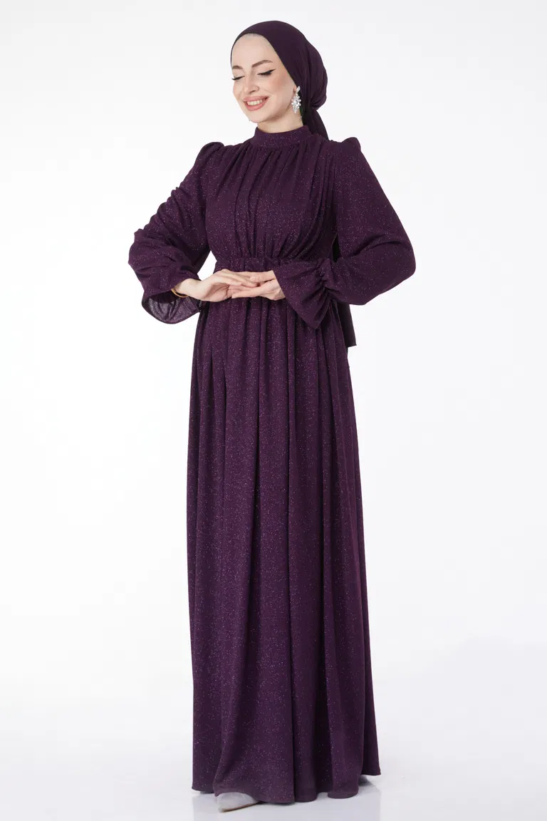 Düz Orta Kadın Mor Simli Kemerli Abiye Elbise - 25058 - TOFİSA