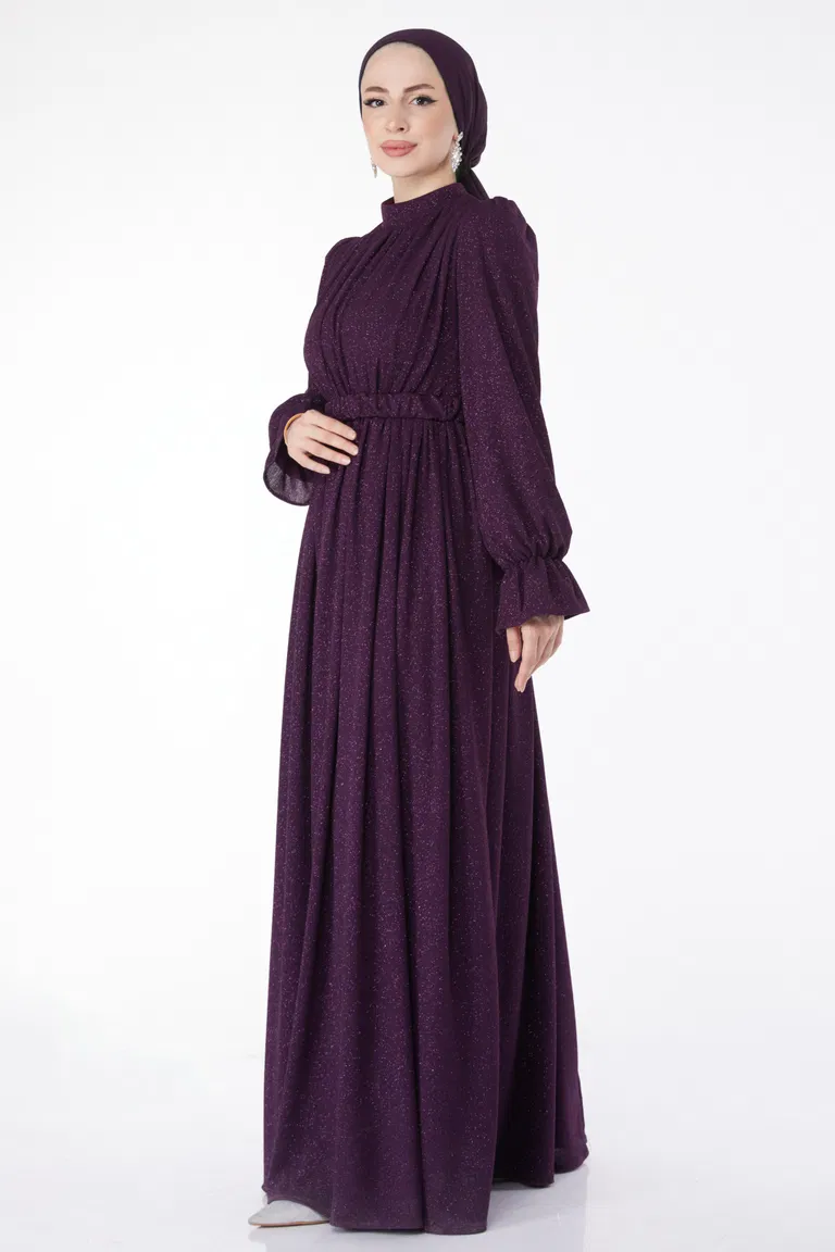 Düz Orta Kadın Mor Simli Kemerli Abiye Elbise - 25058 - TOFİSA