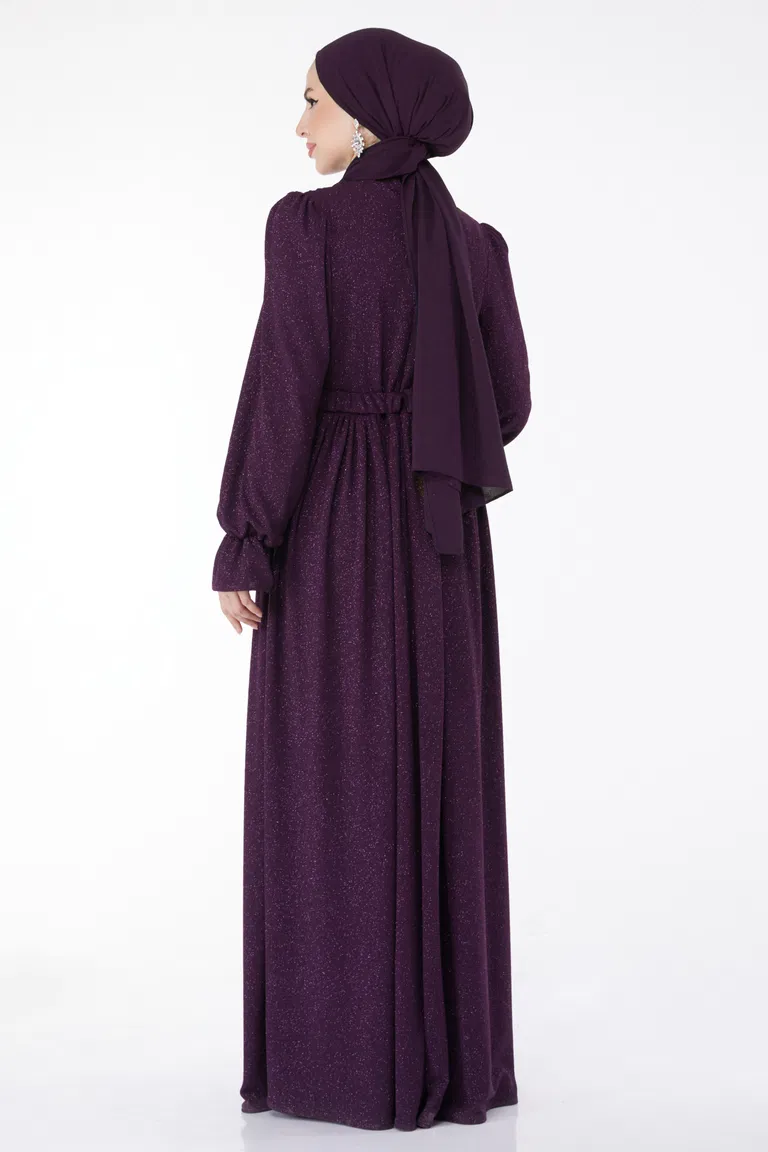 Düz Orta Kadın Mor Simli Kemerli Abiye Elbise - 25058 - TOFİSA