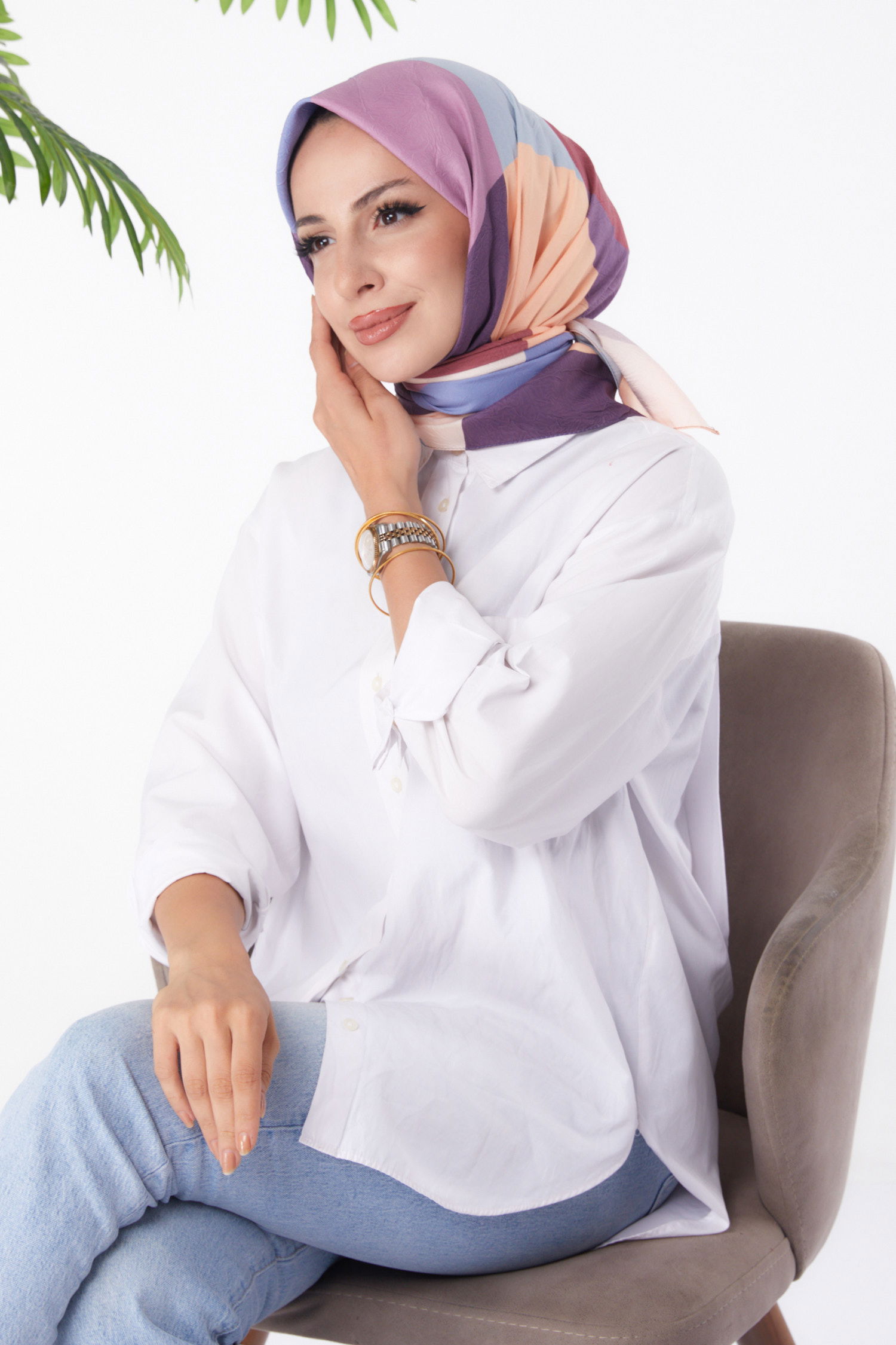 Düz Orta Kadın Mürdüm Desenli Eşarp - 26148 - 2