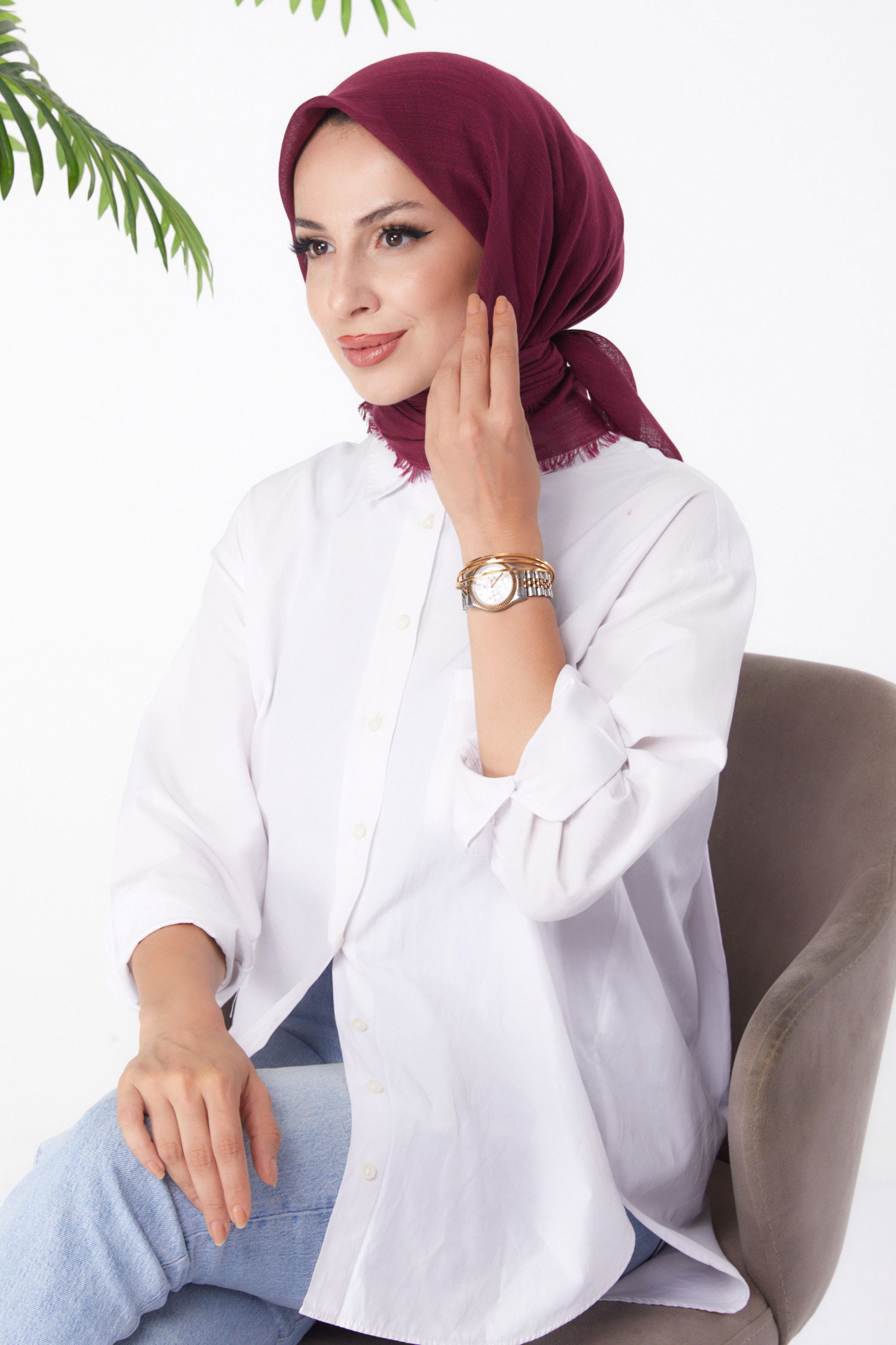 Düz Orta Kadın Mürdüm Eşarp - 26146 - 1