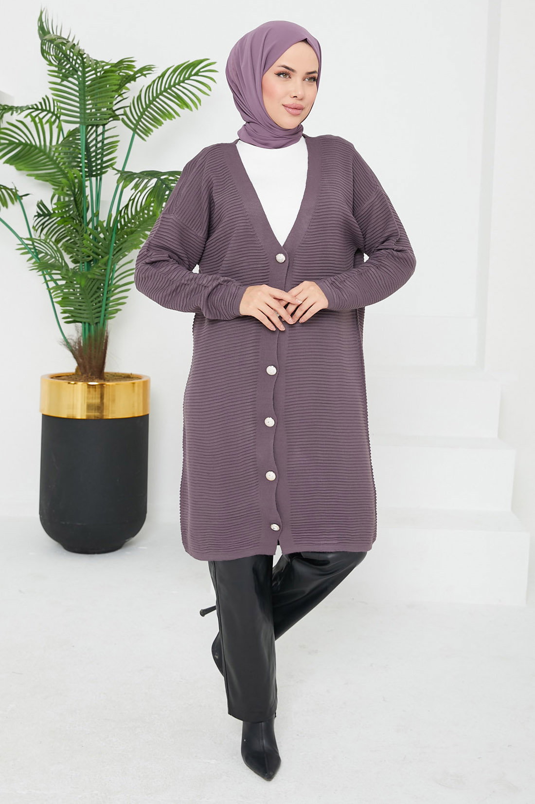 Düz Orta Kadın Mürdüm Triko Hırka - 26522 - 3