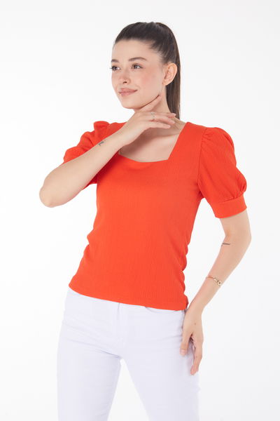 Kare Yaka Bluz Oranj - 25873 