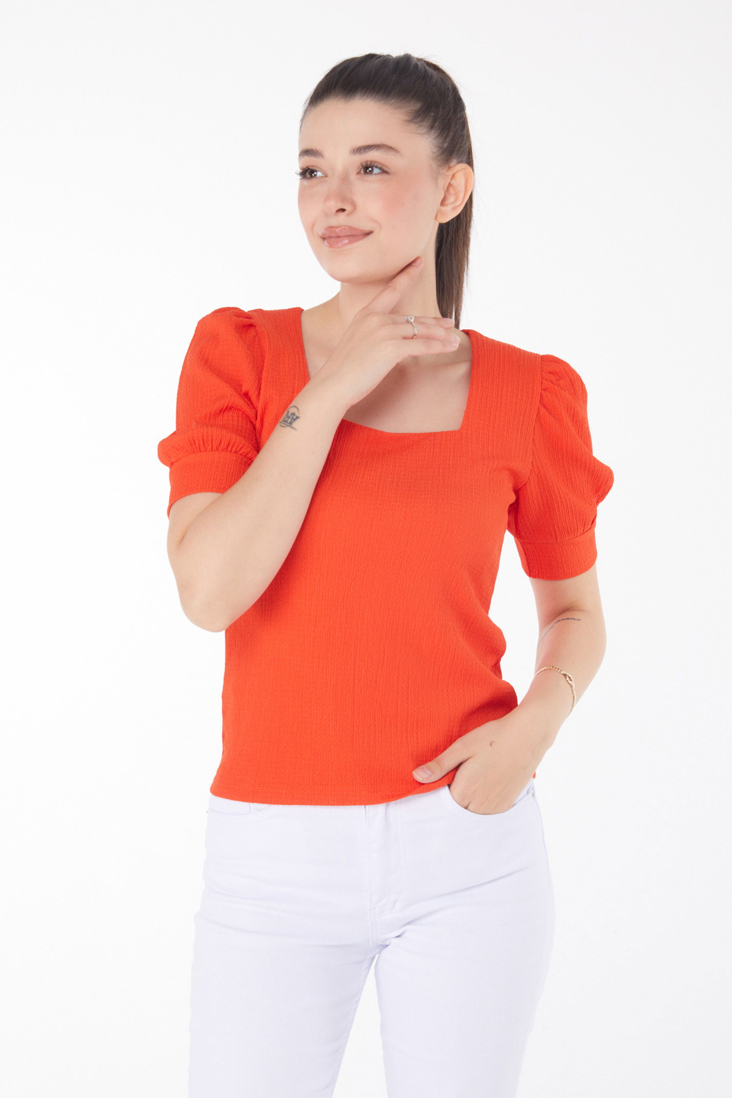 Kare Yaka Bluz Oranj - 25873 - 2