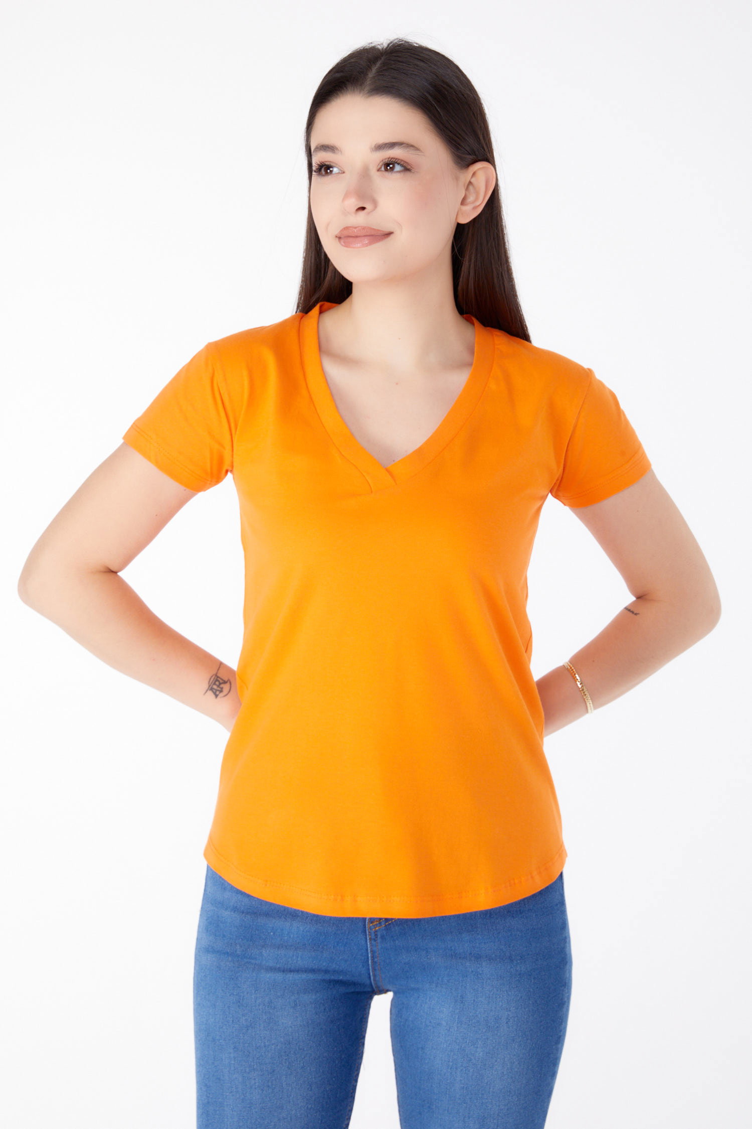 V Yaka T-shirt Oranj - 25326 - 2