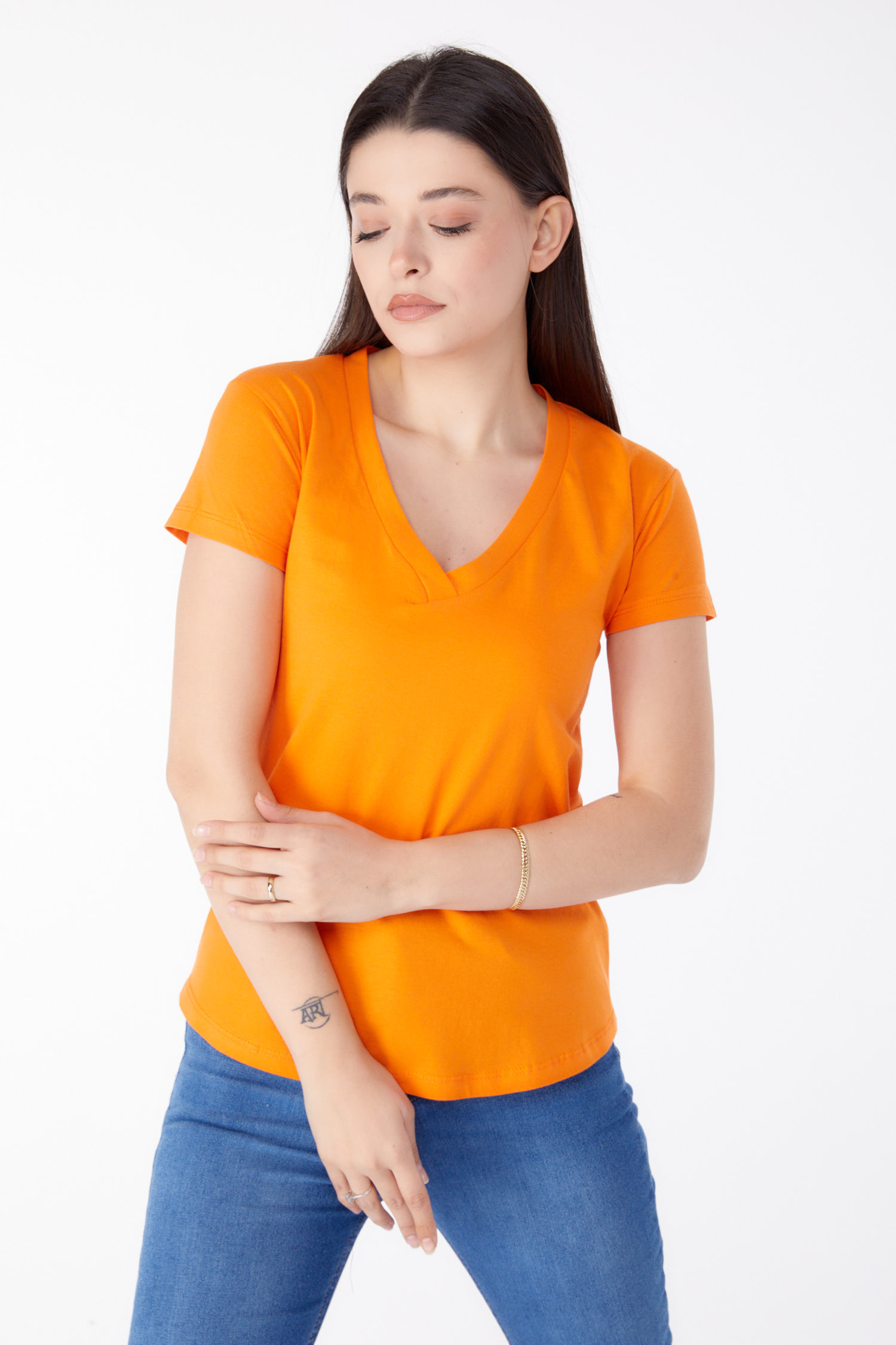 V Yaka T-shirt Oranj - 25326 - 3