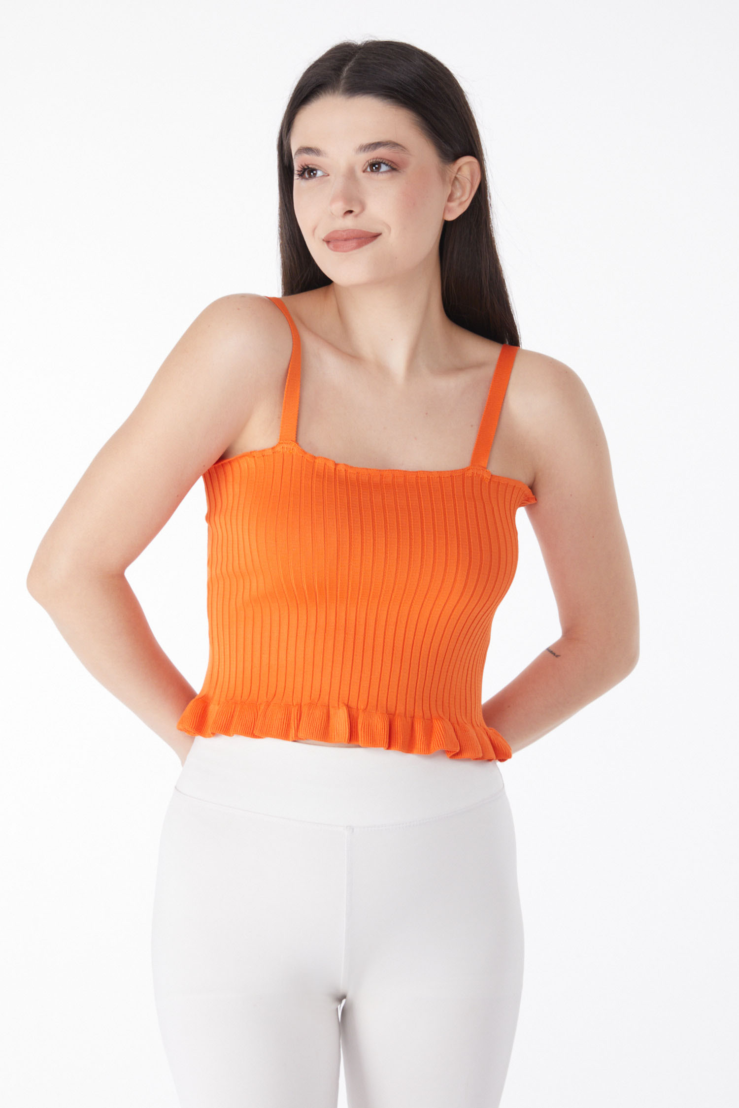 Düz Orta Kadın Oranj Yazlık Triko Crop - 25222 - 1