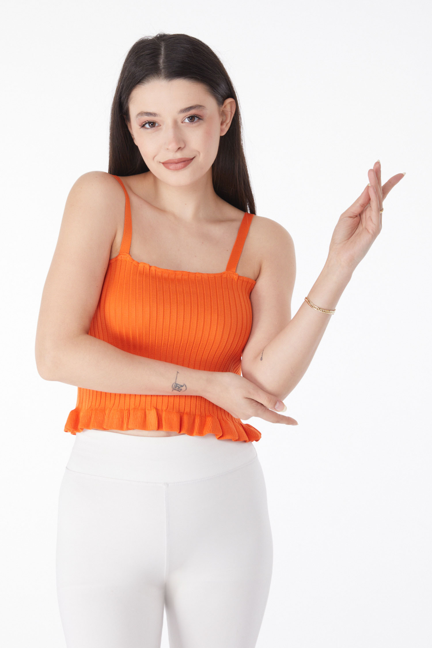 Düz Orta Kadın Oranj Yazlık Triko Crop - 25222 - 3