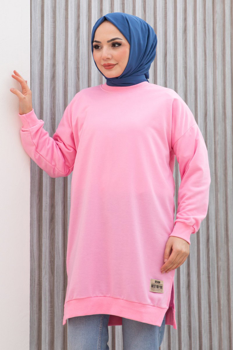 Düz Orta Kadın Pembe Armalı Tunik - 26568 - 2