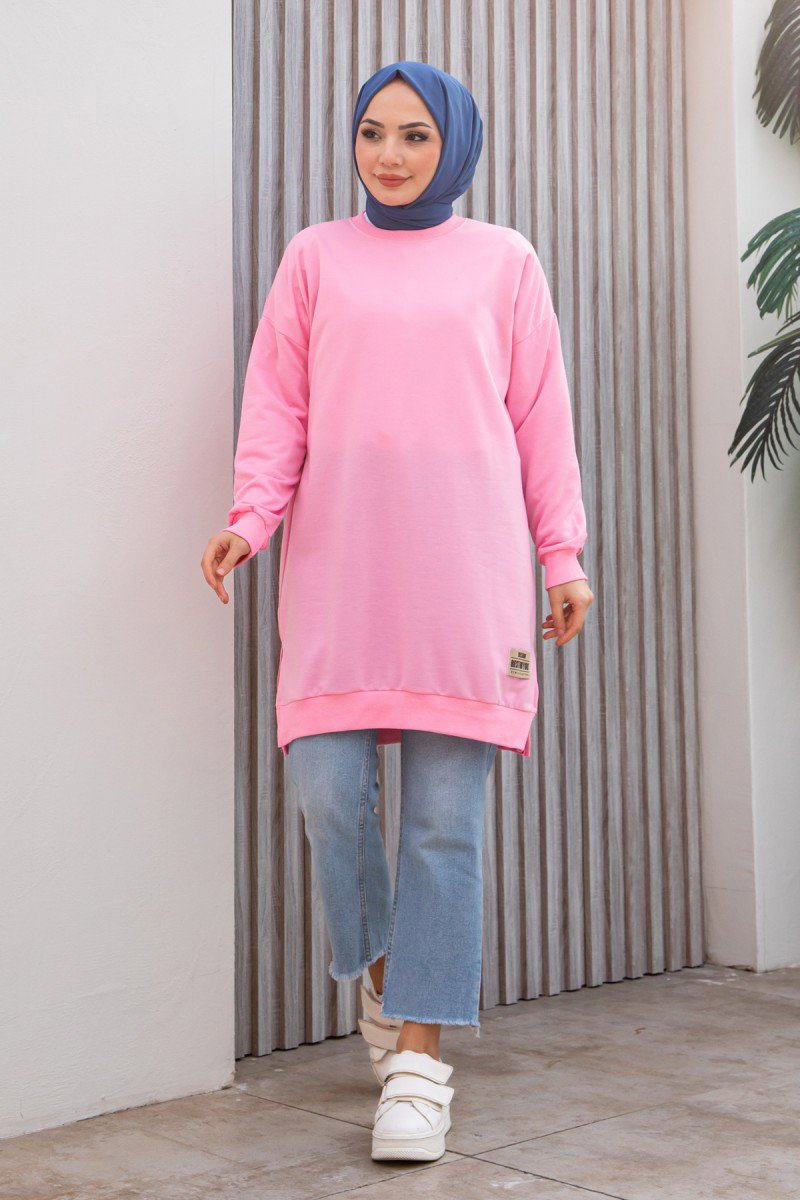 Düz Orta Kadın Pembe Armalı Tunik - 26568 - 1