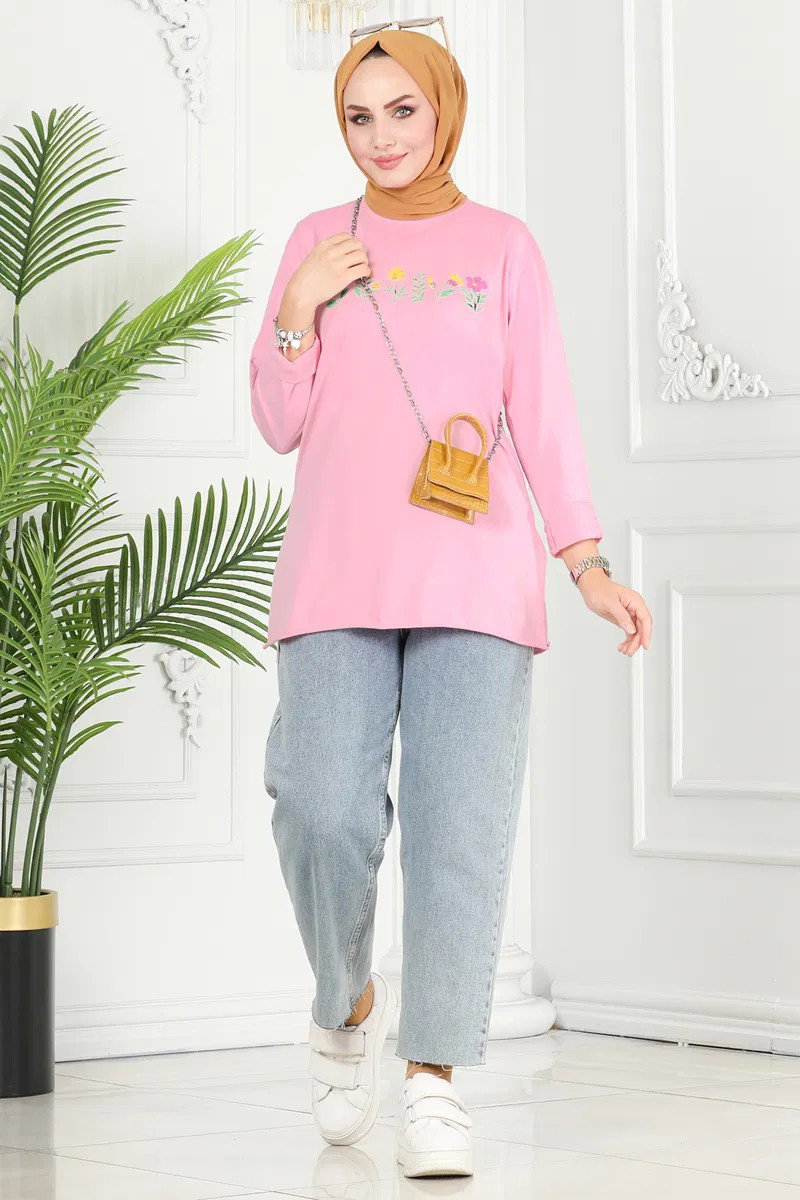 Kadın Bisiklet Yaka Çiçek Baskılı Tunik Pembe - 26628 - 1