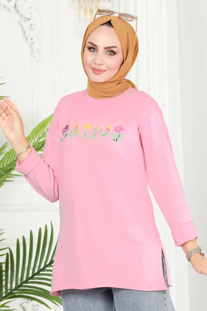Kadın Bisiklet Yaka Çiçek Baskılı Tunik Pembe - 26628 - 2
