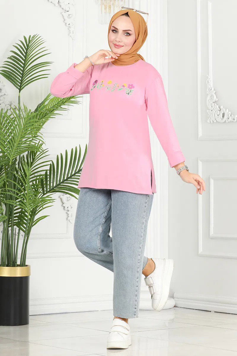 Kadın Bisiklet Yaka Çiçek Baskılı Tunik Pembe - 26628 - 3