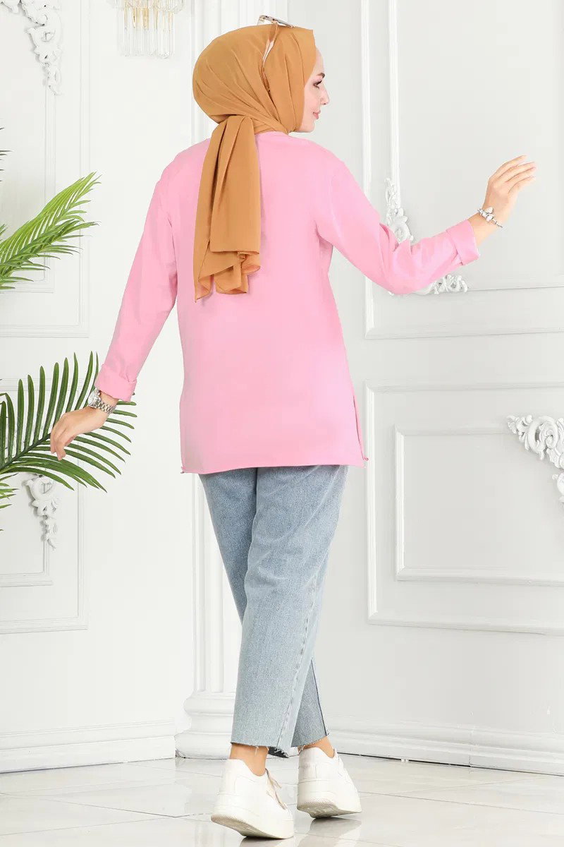 Kadın Bisiklet Yaka Çiçek Baskılı Tunik Pembe - 26628 - 4