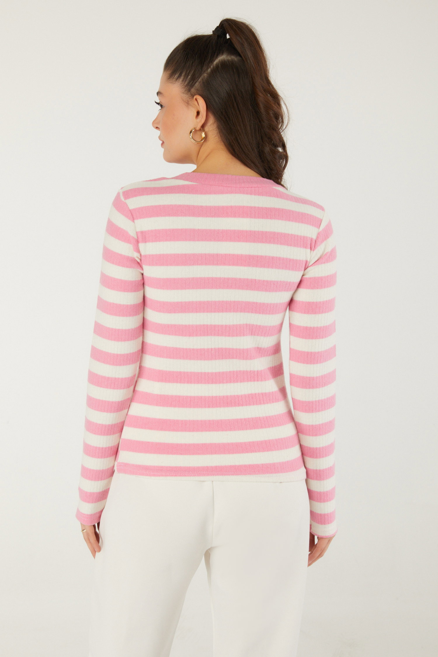 Düz Orta Kadın Pembe Çizgili Bluz - 26523 - 6