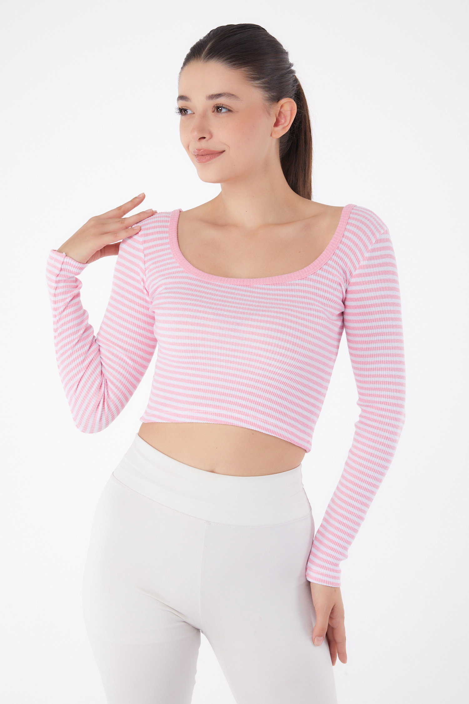 Düz Orta Kadın Pembe Çizgili Crop - 26119 - 1