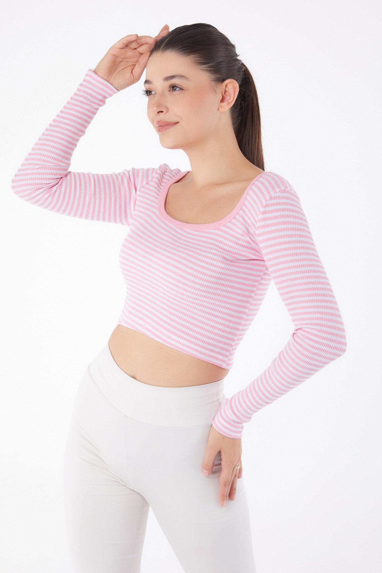 Düz Orta Kadın Pembe Çizgili Crop - 26119 - 3