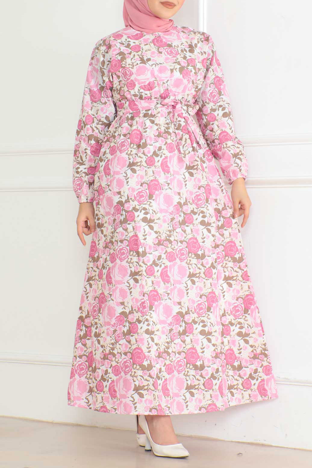 Desenli Kolu Büzgülü Elbise Pembe - 26621 - 1