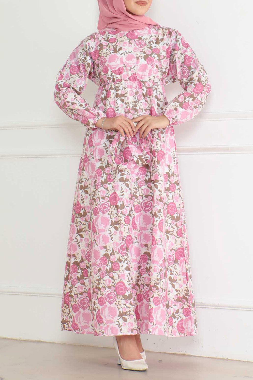 Desenli Kolu Büzgülü Elbise Pembe - 26621 - 2