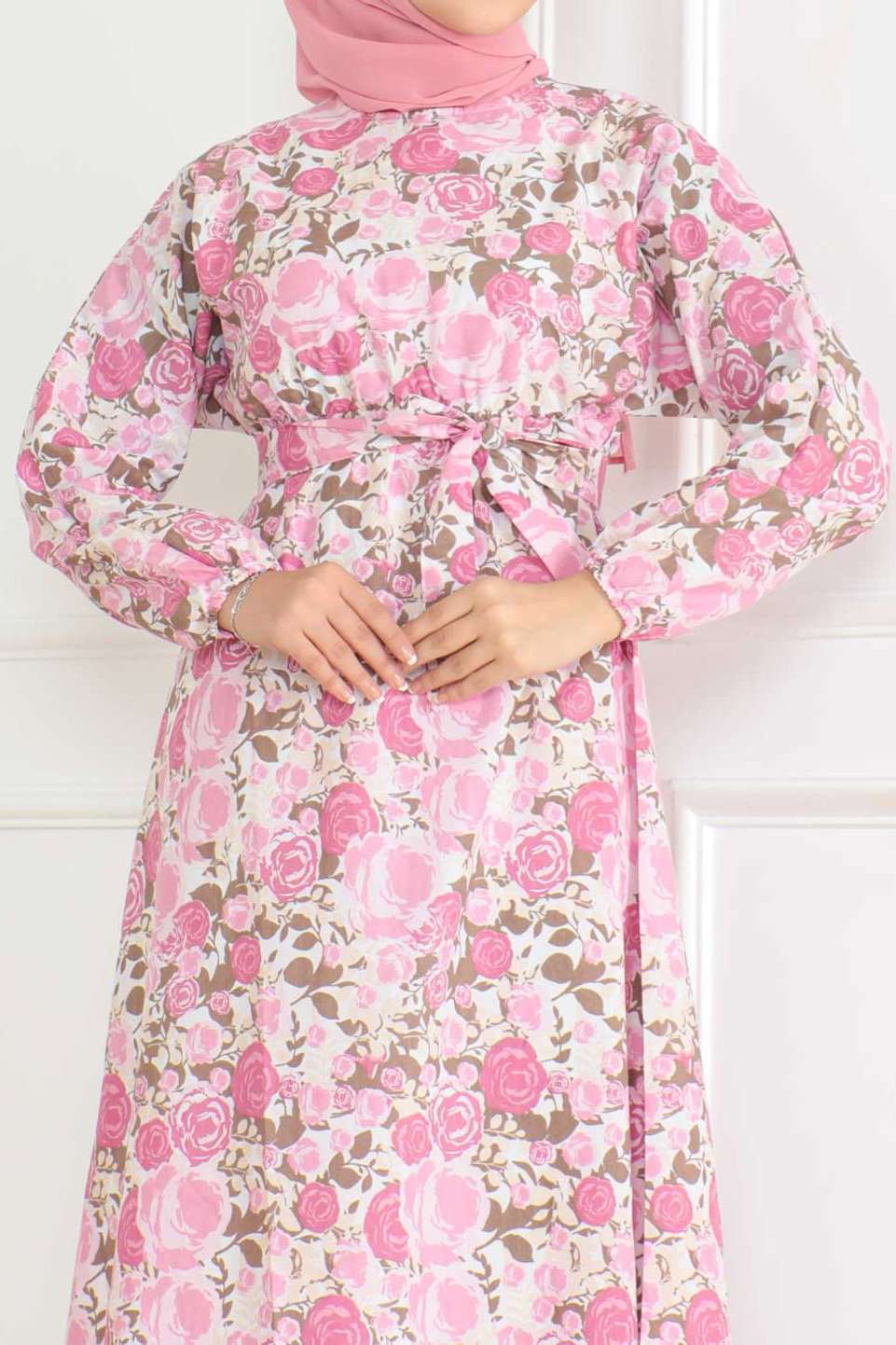 Desenli Kolu Büzgülü Elbise Pembe - 26621 - 3