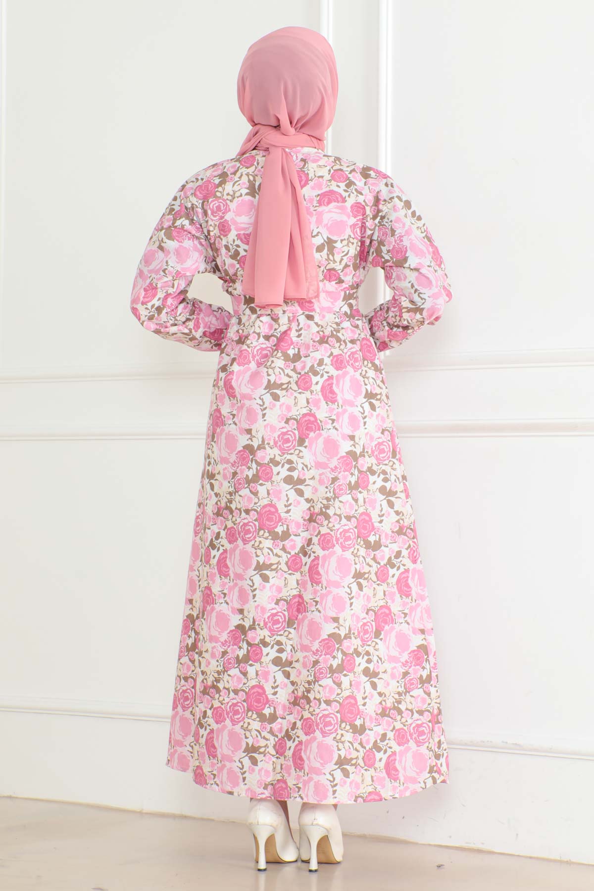 Desenli Kolu Büzgülü Elbise Pembe - 26621 - 4