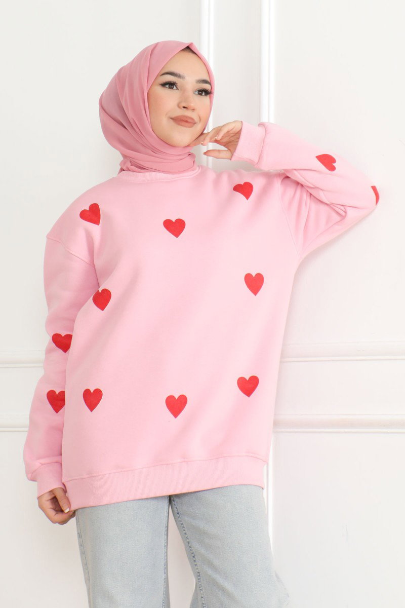 Kadın Üç İplik Bisiklet Yaka Kalpli Sweatshirt Pembe - 26659 - 1