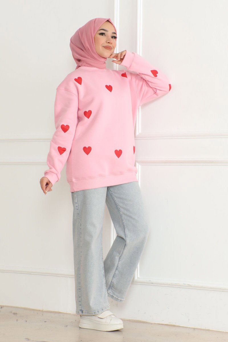 Kadın Üç İplik Bisiklet Yaka Kalpli Sweatshirt Pembe - 26659 - 2