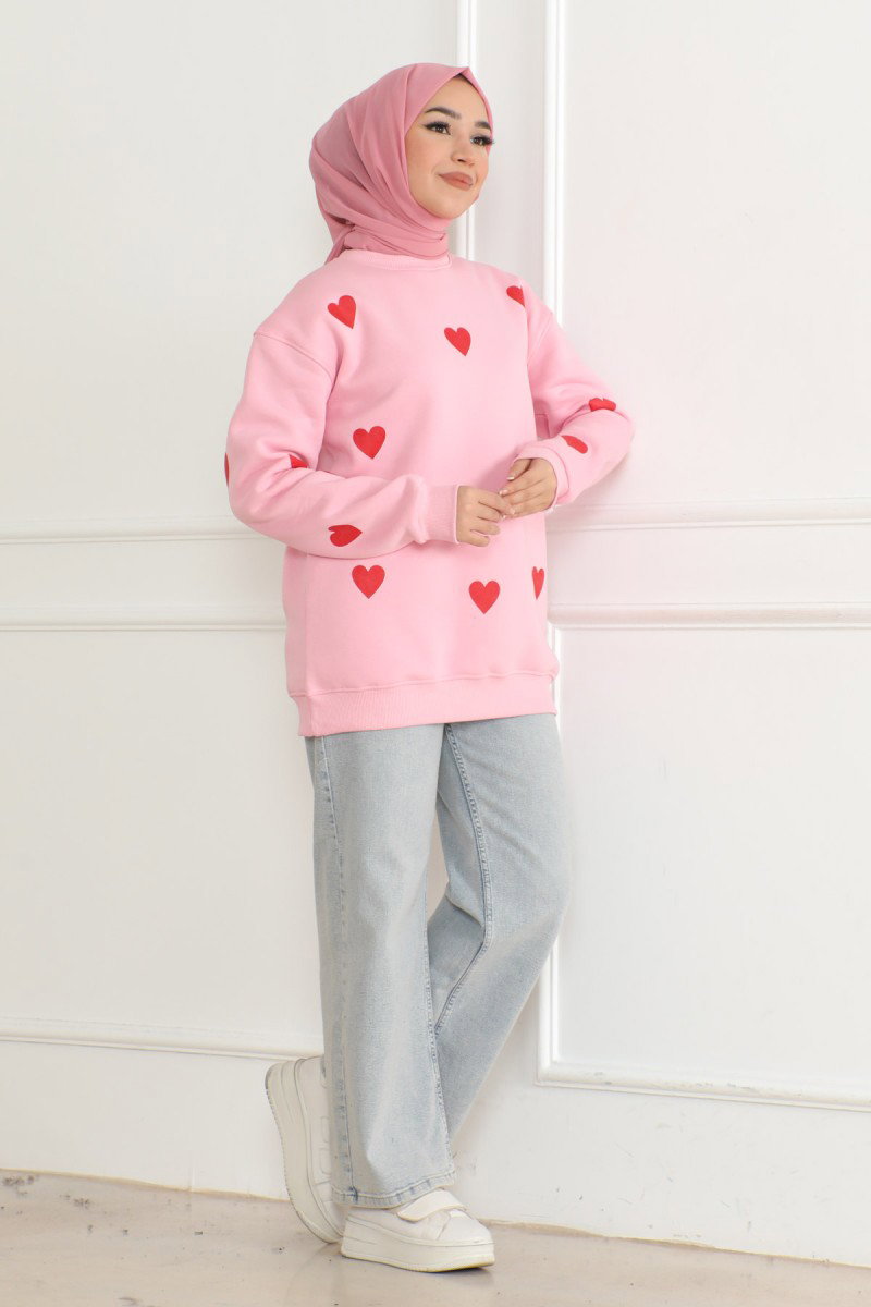 Kadın Üç İplik Bisiklet Yaka Kalpli Sweatshirt Pembe - 26659 - 3