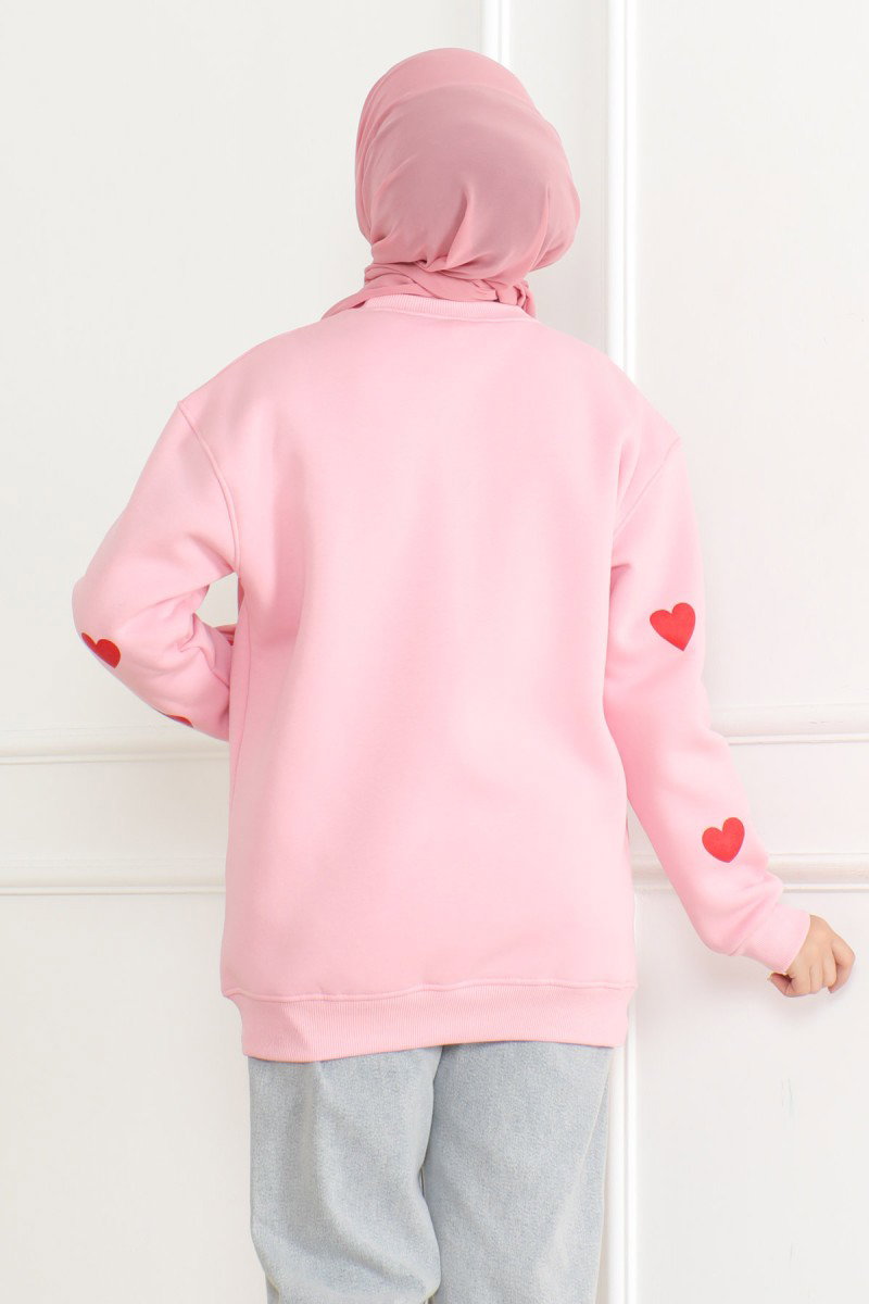 Kadın Üç İplik Bisiklet Yaka Kalpli Sweatshirt Pembe - 26659 - 4