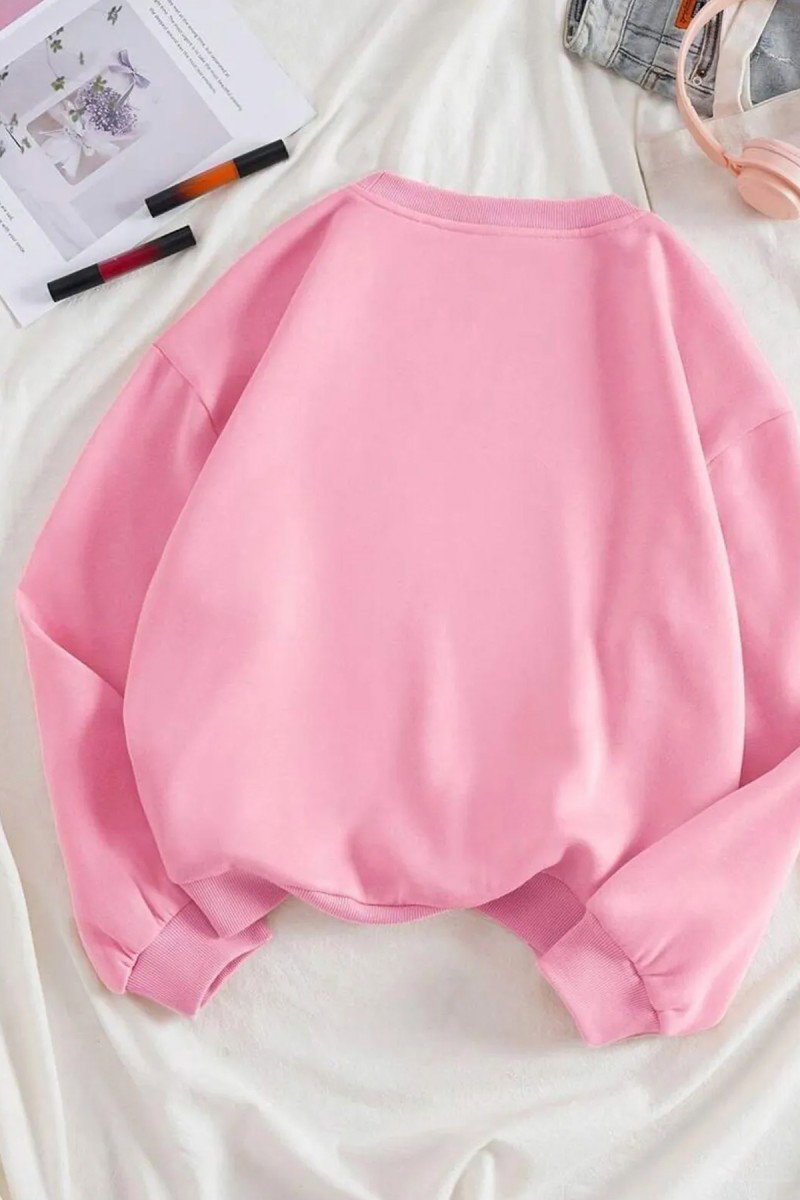 Kadın Bisiklet Yaka Oversize Sweatshirt Pembe - 26567 - 1