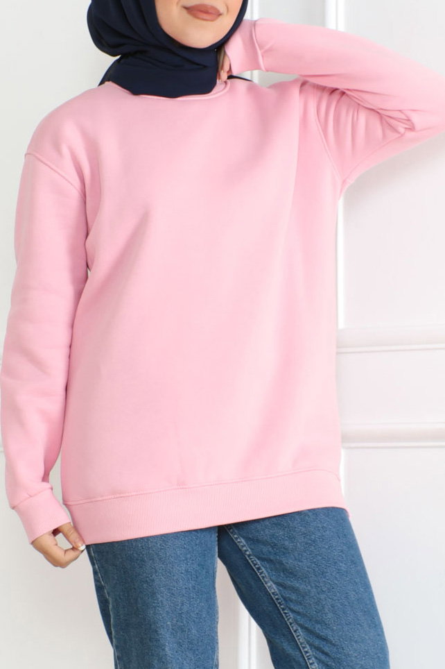 Düz Orta Kadın Pembe Sweatshirt - 26617 - 3