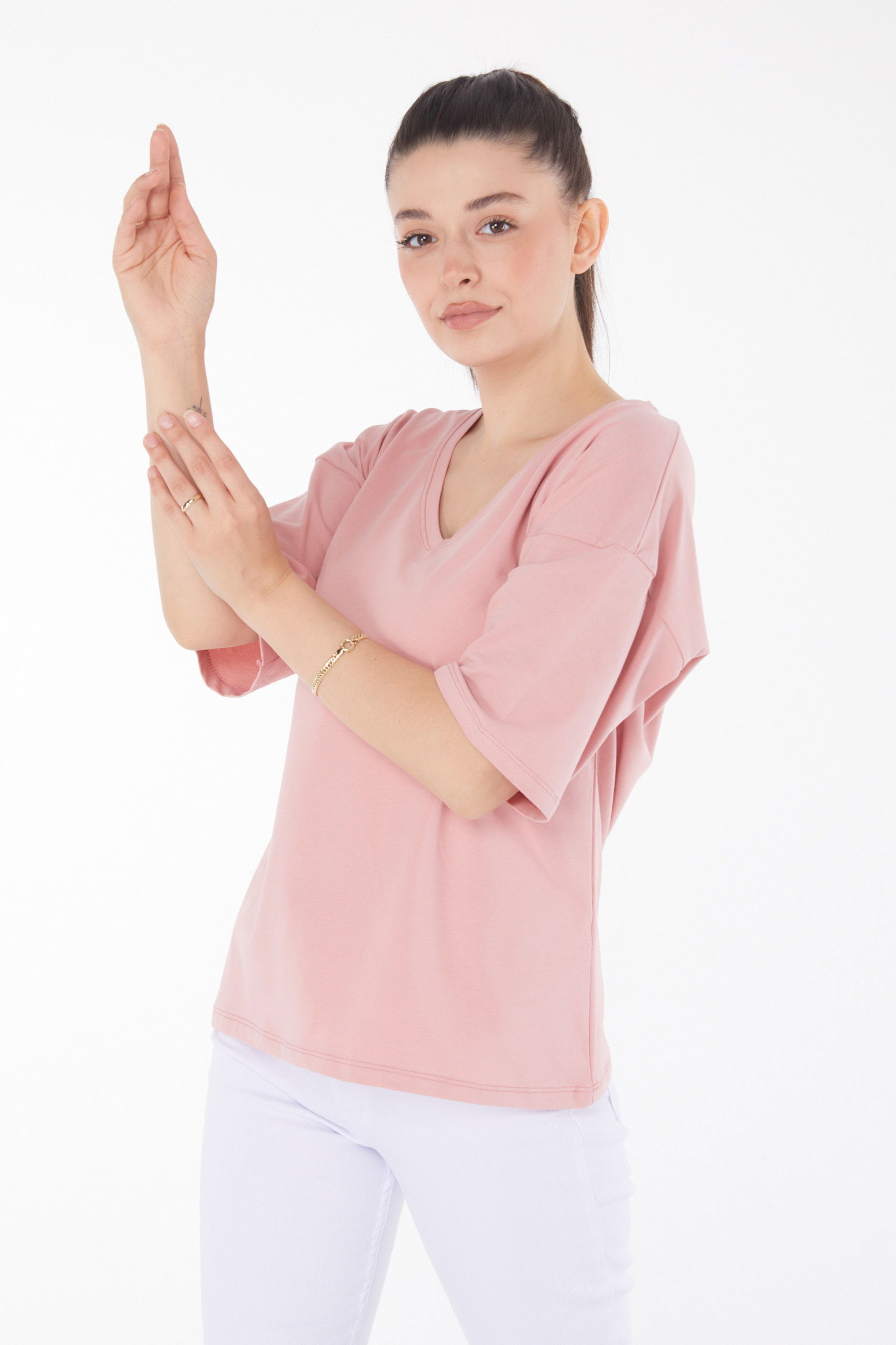 Düz Orta Kadın Pembe T-Shirt - 25848 - 1