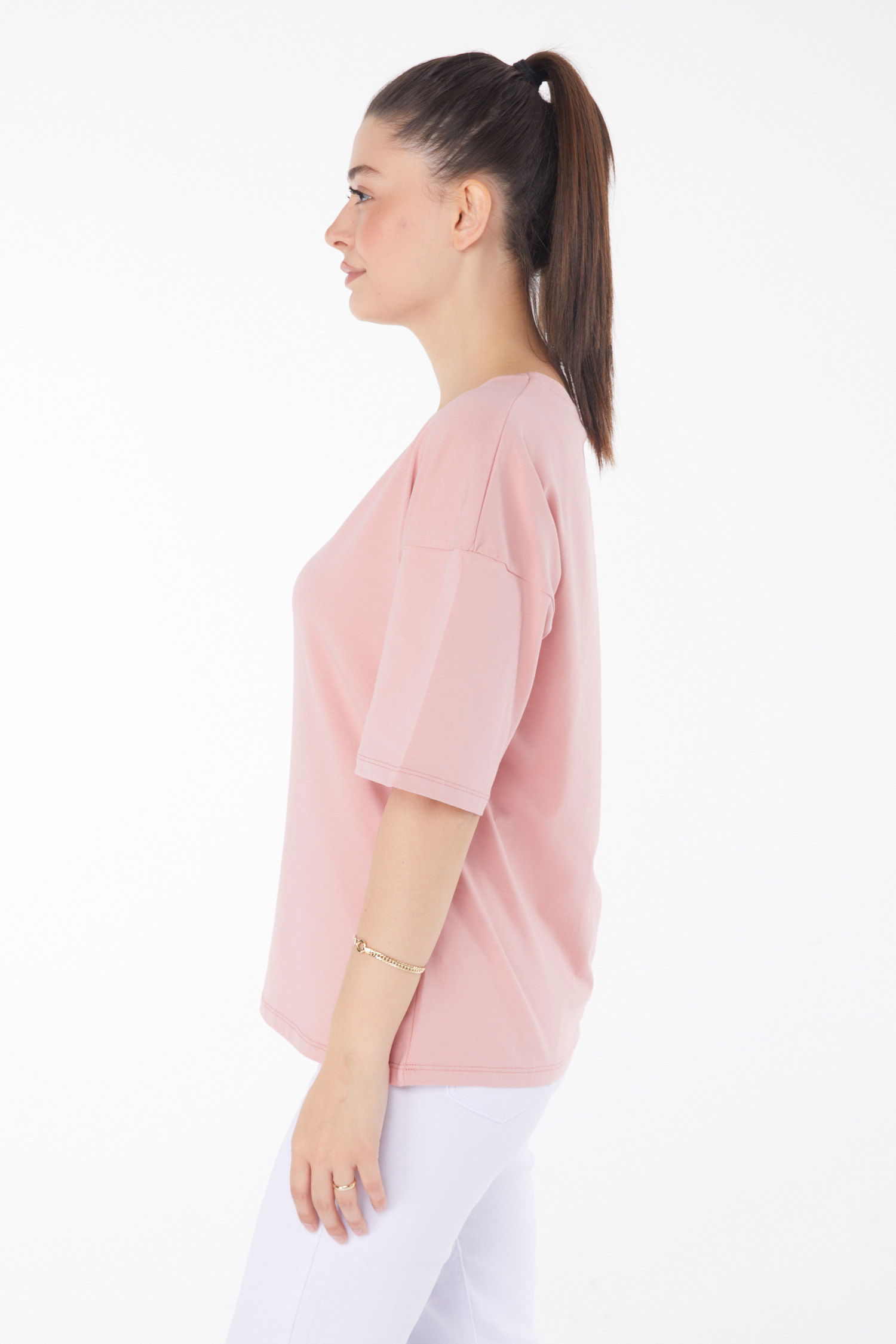 Düz Orta Kadın Pembe T-Shirt - 25848 - 4