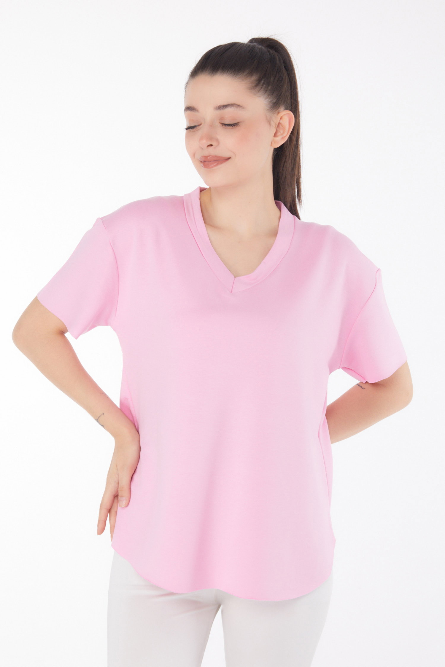 V yaka Kısa Kollu T-Şhirt Pembe - 25845 - 2