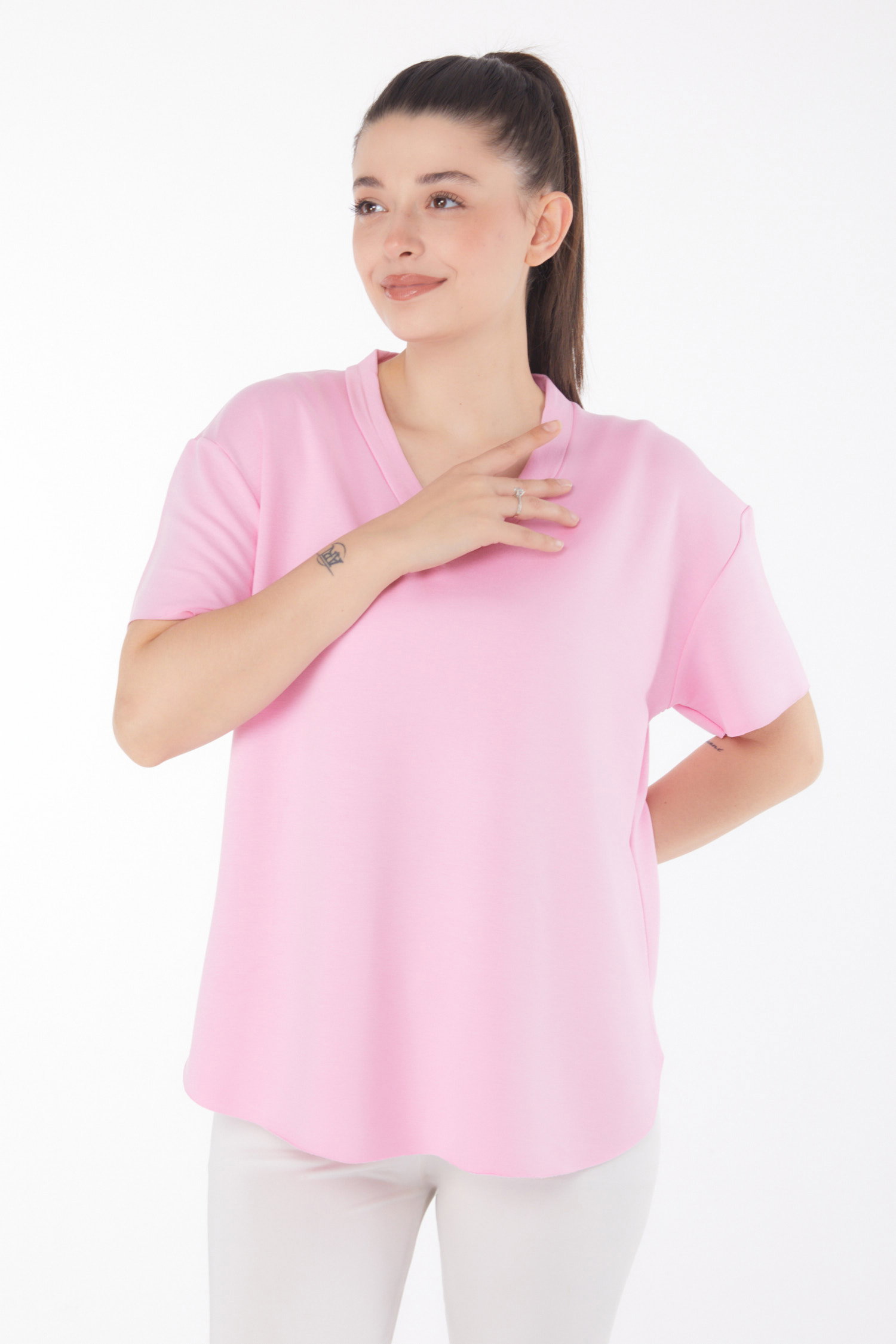V yaka Kısa Kollu T-Şhirt Pembe - 25845 - 3