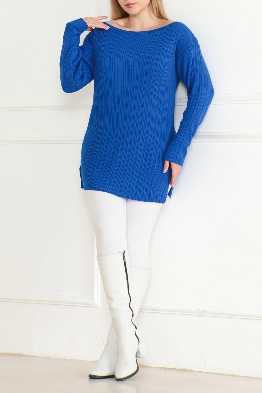 Açık Yaka Kazak Saks - 26629 - 2