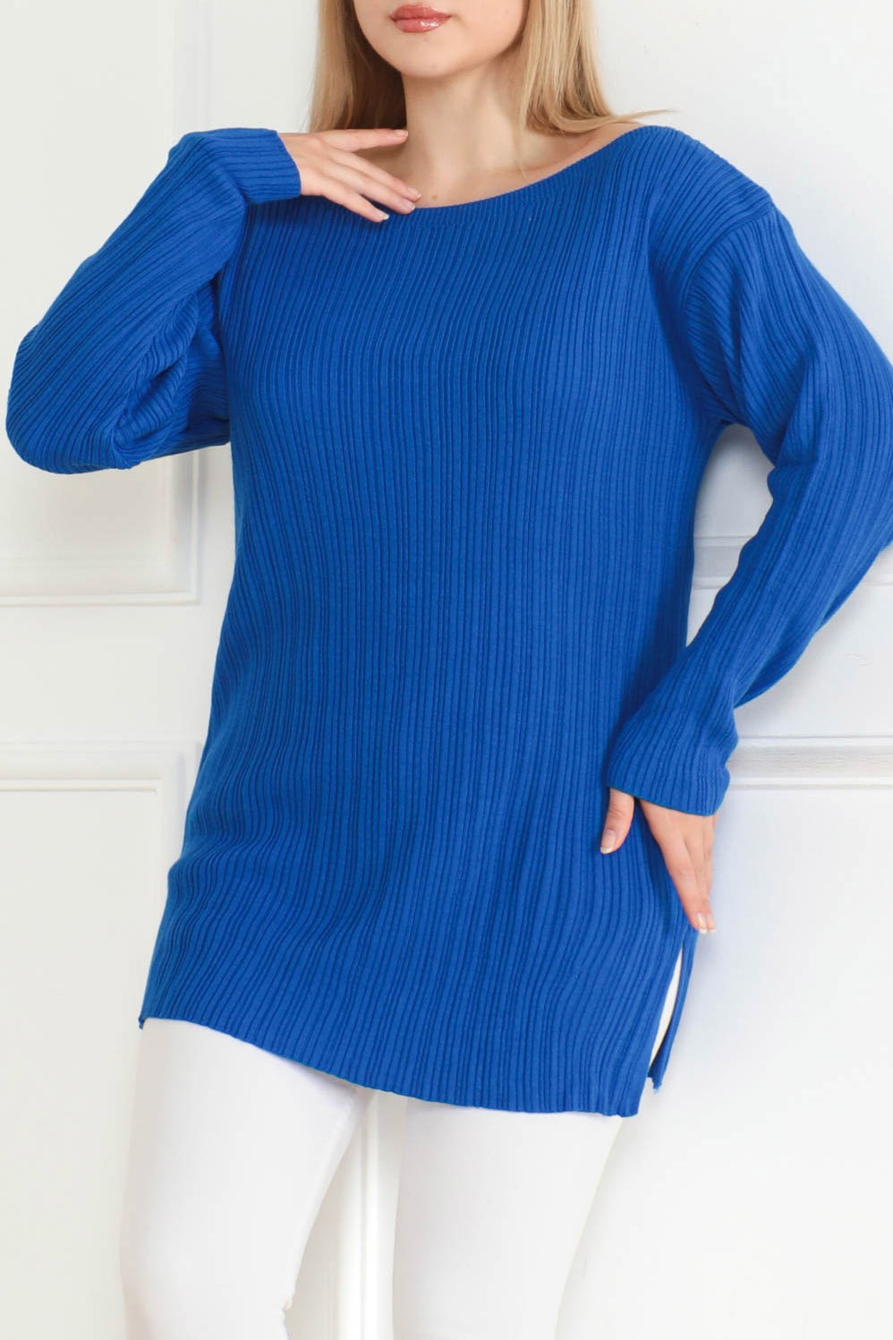 Açık Yaka Kazak Saks - 26629 - 3