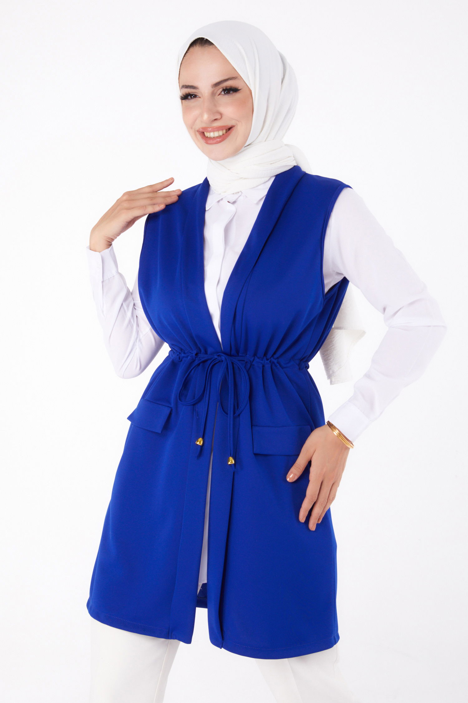 Düz Orta Kadın Saks Bağcıklı Yelek - 13263 - 1