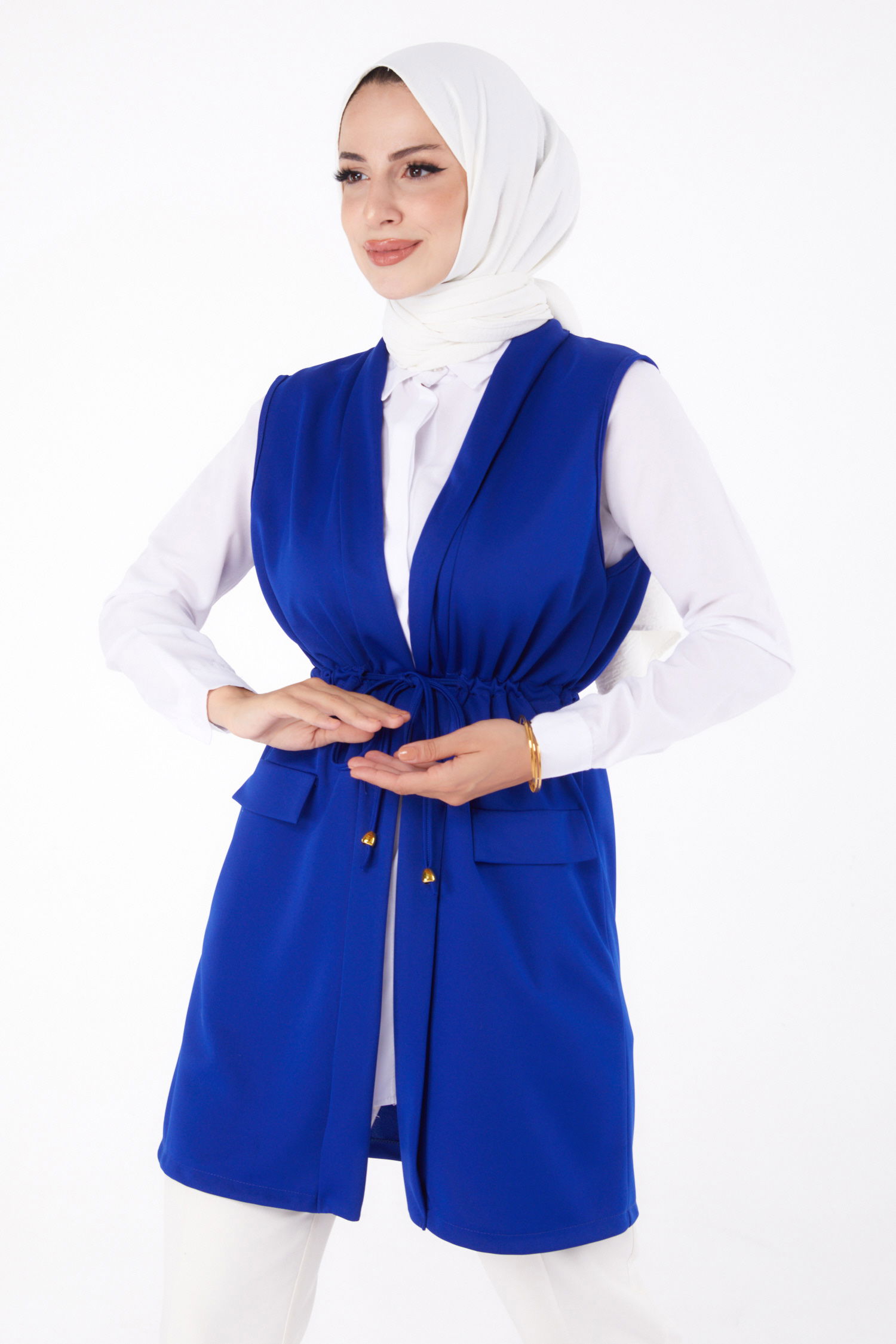 Düz Orta Kadın Saks Bağcıklı Yelek - 13263 - 2