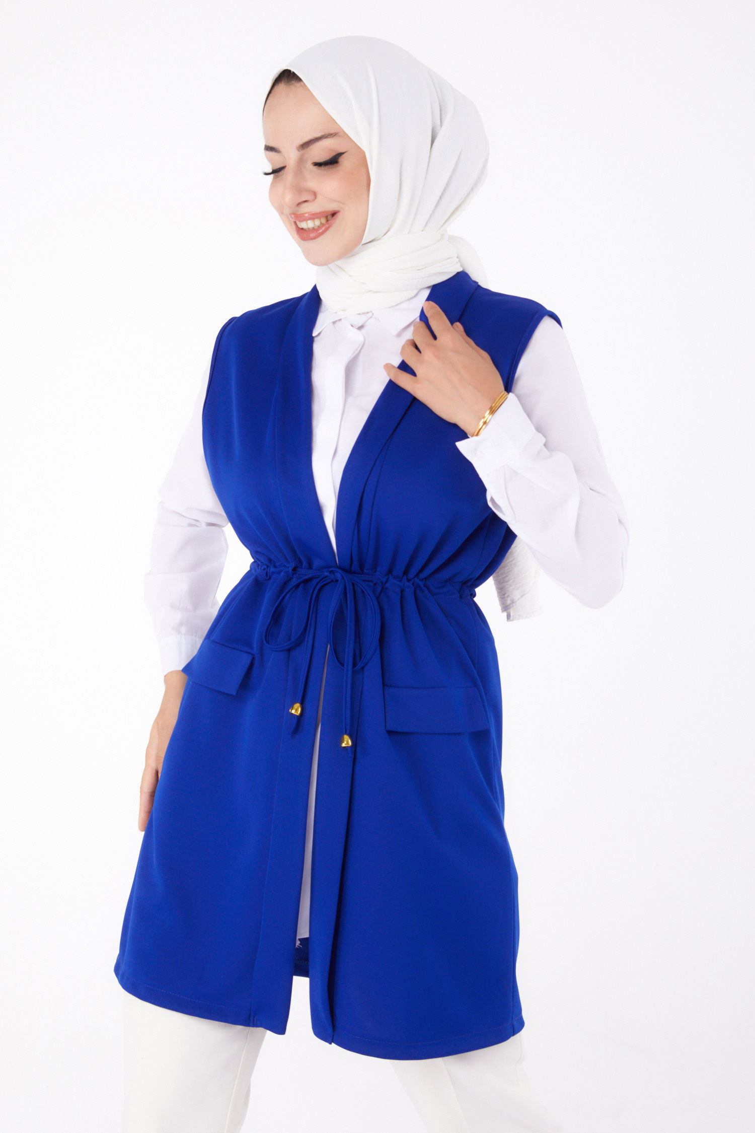 Düz Orta Kadın Saks Bağcıklı Yelek - 13263 - 3