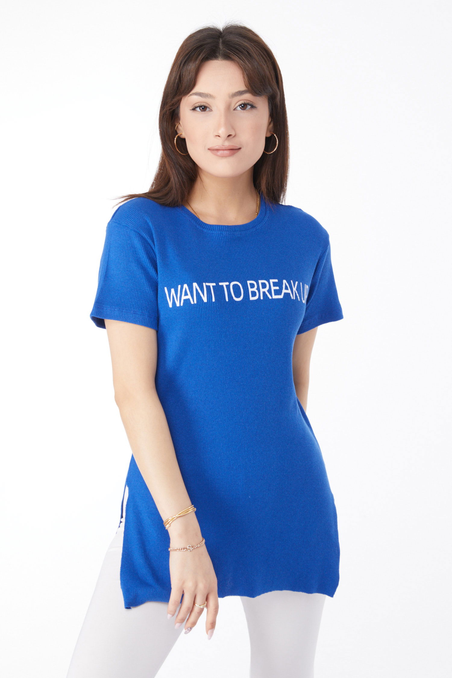 Düz Orta Kadın Saks Baskılı Yırtmaçlı T-shirt - 24791 - 2