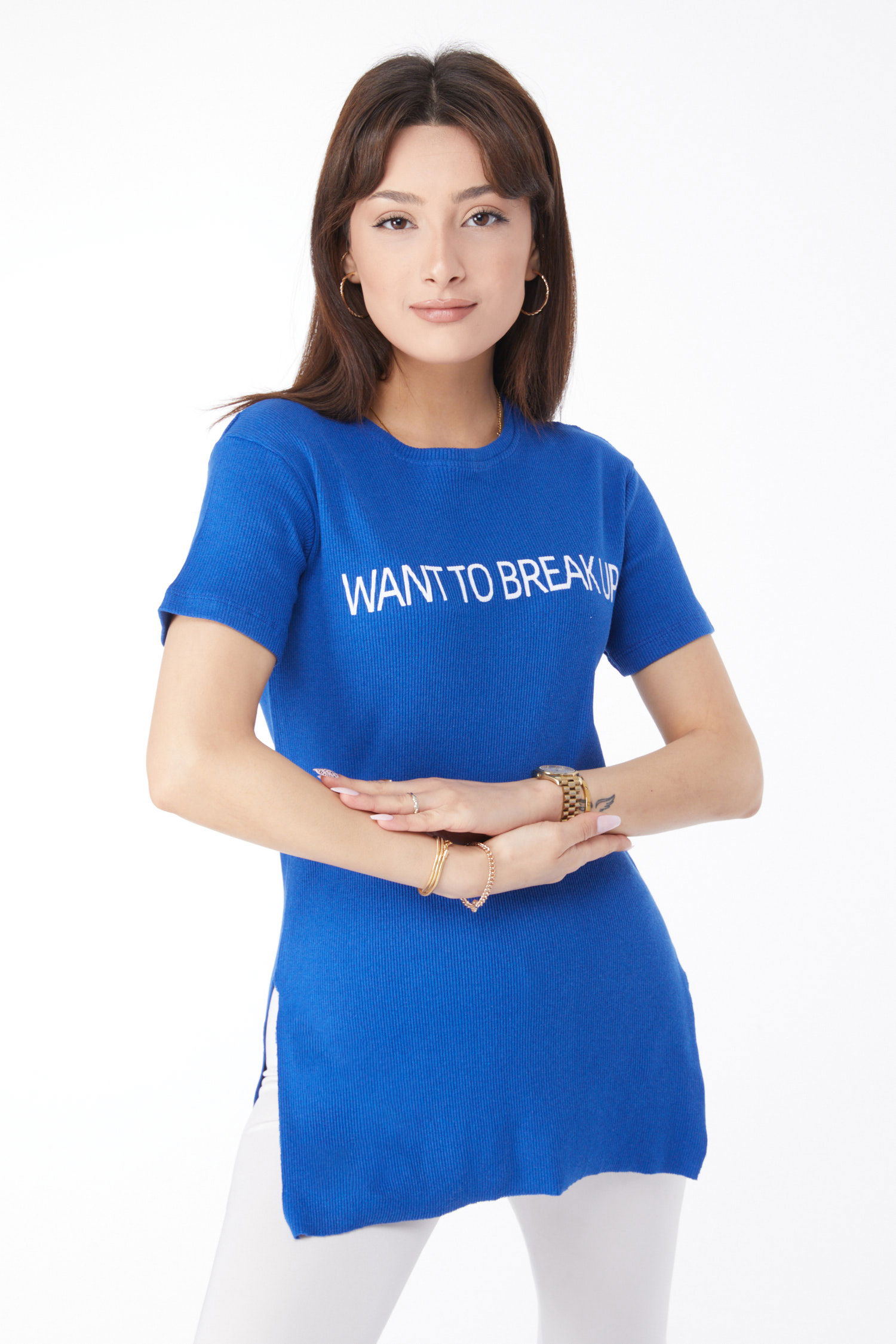 Düz Orta Kadın Saks Baskılı Yırtmaçlı T-shirt - 24791 - 3