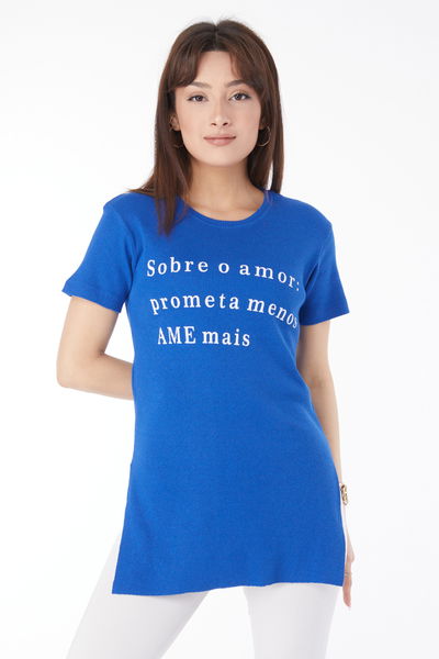 Baskılı Yırtmaçlı T-shirt Saks - 24792 